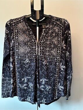 Lucky Brand Black White Boho Knit Peasant Blouse M